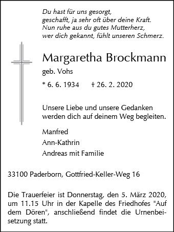 Erinnerungsbild für Margaretha Brockmann