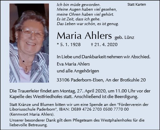 Erinnerungsbild für Maria Ahlers