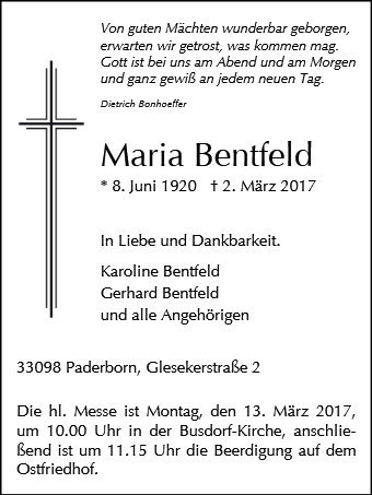 Erinnerungsbild für Maria Bentfeld