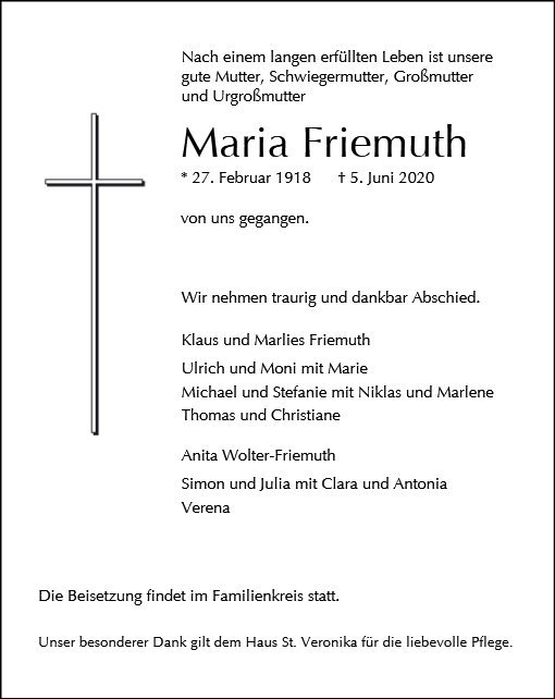 Erinnerungsbild für Maria Friemuth