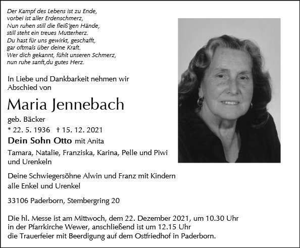 Erinnerungsbild für Maria Jennebach