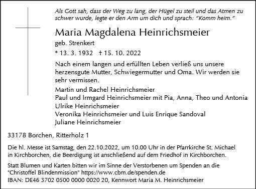 Erinnerungsbild für Maria Magdalena Heinrichsmeier
