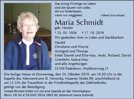 Erinnerungsbild für Maria Schmidt