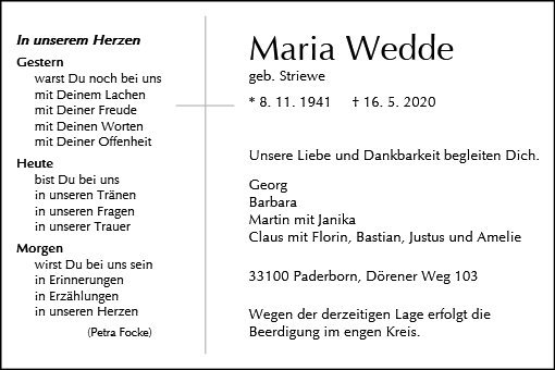 Erinnerungsbild für Maria Wedde