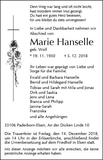 Erinnerungsbild für Marie Hanselle