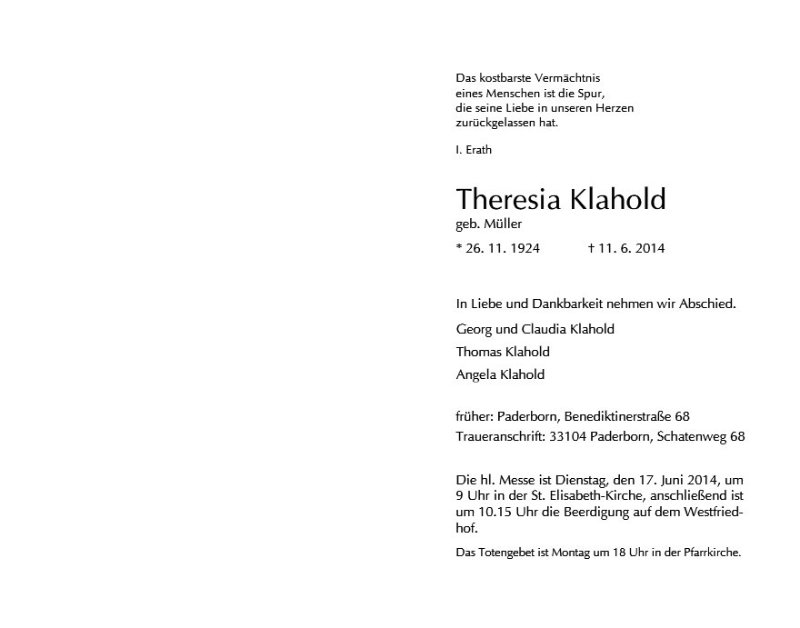 Erinnerungsbild für Theresia Klahold