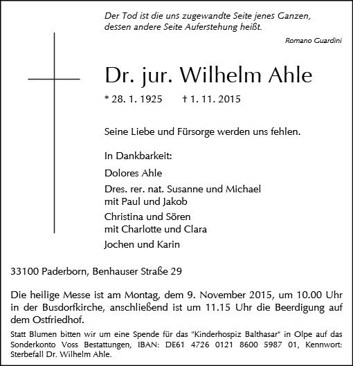 Erinnerungsbild für Dr. jur. Wilhelm Ahle