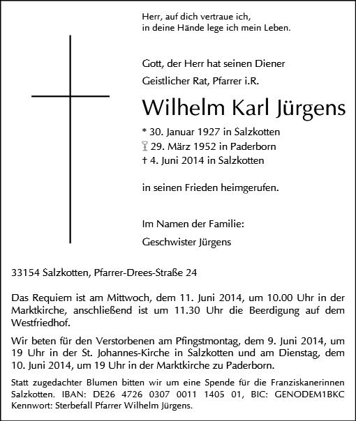 Erinnerungsbild für Pfarrer Wilhelm Jürgens