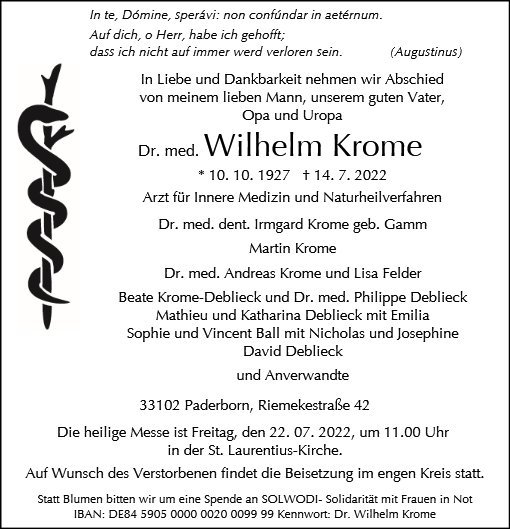 Erinnerungsbild für Dr. med. Wilhelm Krome