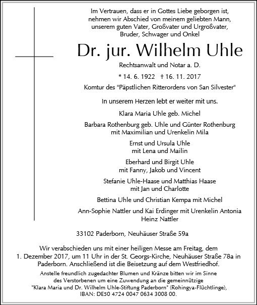 Erinnerungsbild für Dr. Wilhelm Uhle