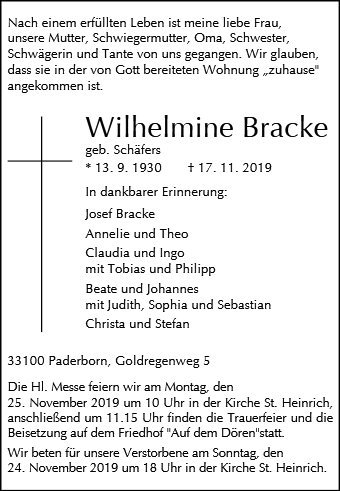 Erinnerungsbild für Wilhelmine Bracke