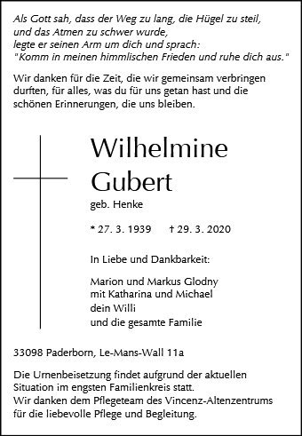 Erinnerungsbild für Wilhelmine Gubert