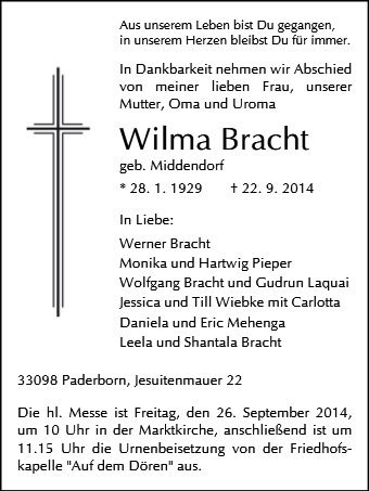 Erinnerungsbild für Wilma Bracht